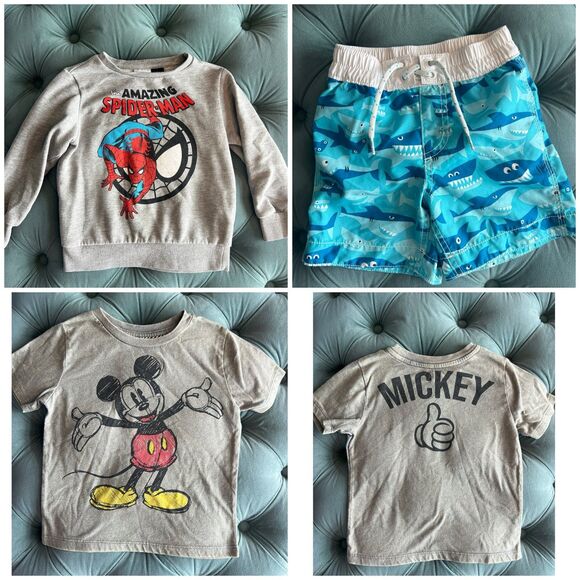 Toddler Boys 3 Piece Bundle Spiderman Baby Gap Sharks swim Trunks Mickey Mouse - Picture 1 of 10